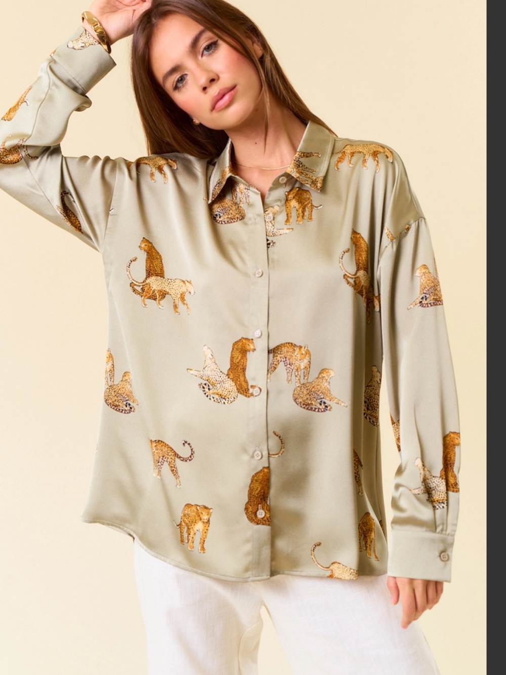 Umgee Sage Green Button-Down Blouse with Gold Cat Print